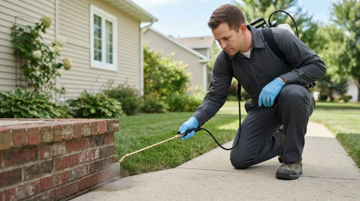 Pest control technician treating a home near Lancaster, NH