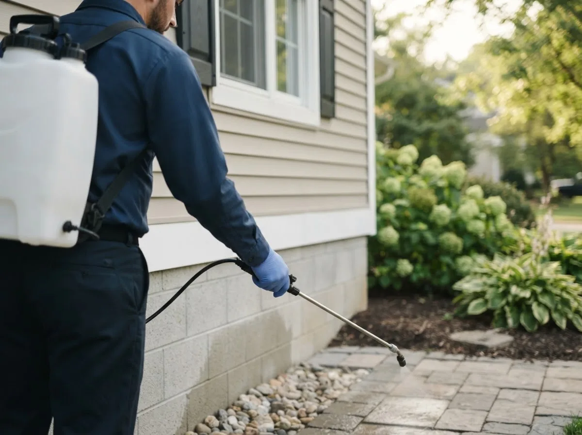 Pest control technician inspecting a home in Lancaster, NH